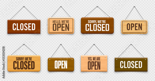 Wooden open or closed hanging signboards. Made of wood door sign for cafe, restaurant, bar or retail store. Announcement banner, information signage for business or service. Vector illustration