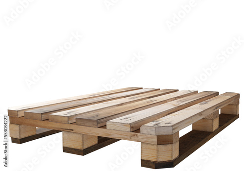Wooden pallet. Pallet for storage and transportation of cargo isolated on white. Wooden platform for forklift use. Euro pallet with cut corners. Forklift platform. 3d rendering.