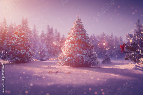 Beautiful decorated christmas tree in a winter landscape with snow © Juan