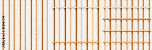 Realistic wooden lattice, rural picket fence. Farm or village house boundary, garden enclosing planks. Detailed wooden jail cage. Criminal background mockup. Creative vector illustration