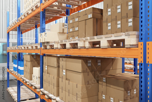 Shelves with boxes. Parcels are stored on pallets. Warehouse racks close-up. Metal shelves inside warehouse building. Production factory storage area. Warehouse interior visualization. 3d image.