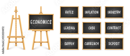 Black chalkboard on wooden easel. Blackboard in wooden frame on a tripod. Presentation board with text, writing or drawing surface. Business investment, economics and finance. Vector illustration