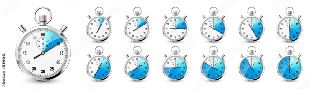 Realistic classic stopwatch icons. Shiny metal chronometer, time counter with dial. Blue countdown timer showing minutes and seconds. Time measurement for sport, start and finish. Vector illustration Realistic classic stopwatch icons. Shiny metal chronometer, time counter with dial. Blue countdown timer showing minutes and seconds. Time measurement for sport, start and finish. Vector illustration