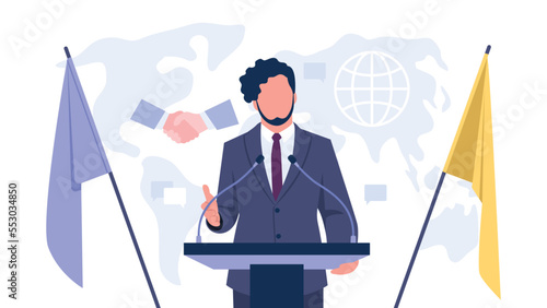 Vector illustration of diplomat. Cartoon scene with a guy who speaks at meetings of world leaders and makes peace on white background.