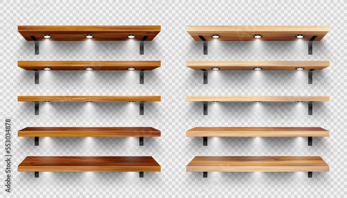 Realistic wooden store shelves with wall mount and lighting, spotlights. Empty product shelf, grocery wall rack. Mall and supermarket furniture, bookshelf. Interior design. Vector illustration