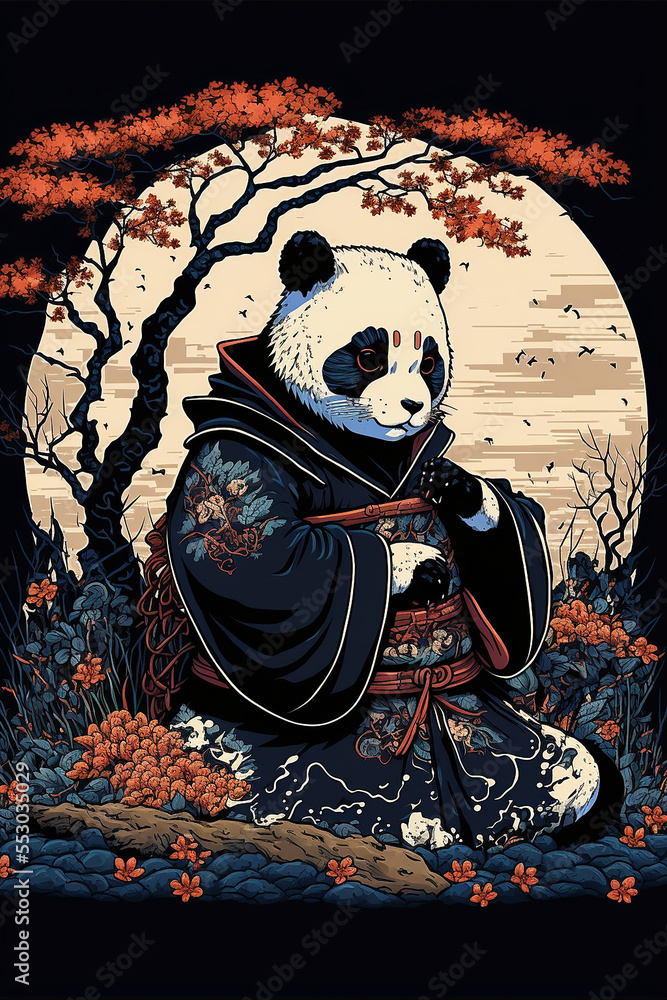 Illustration of panda in Japanese ink style 