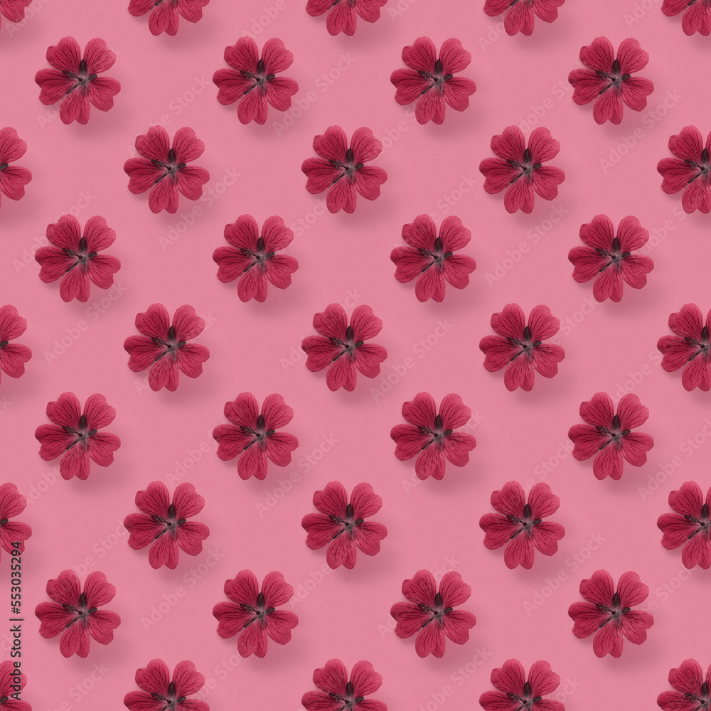 Trendy summer seamless pattern in minimal style. Floral background in Color of the Year 2023 Viva Magenta.