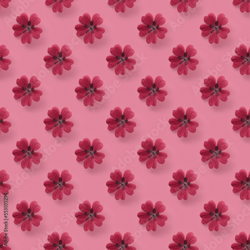 Trendy summer seamless pattern in minimal style. Floral background in Color of the Year 2023 Viva Magenta.