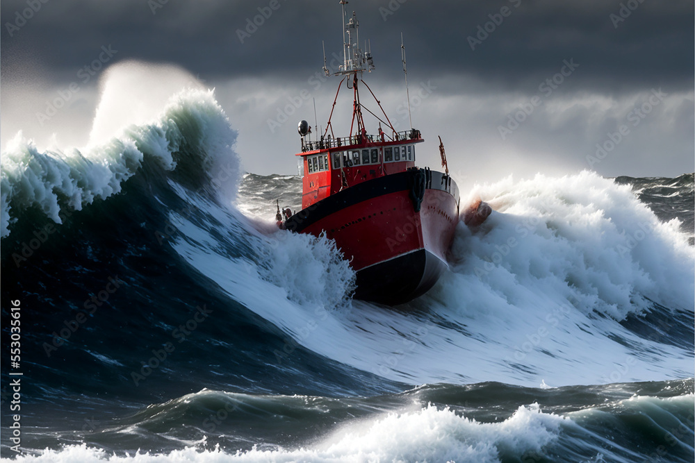 Naklejka premium Fishing boat at stormy sea