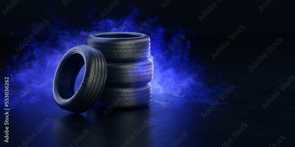 New tires pile with blue smoke on black background - 3d rendering of car tires. Auto service, Tyres stack change, Tyre shop concept .