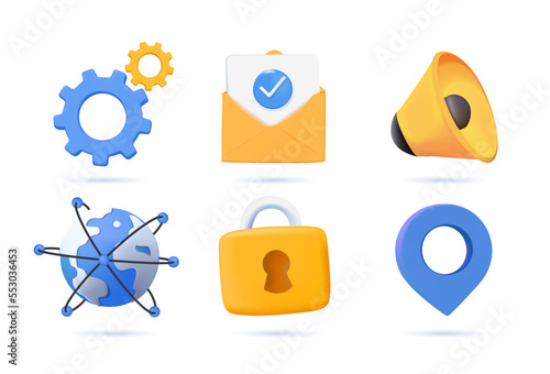 Universal icons. Clock, pin, gear, lock, speaker, map, globe. 3d render vector icon set. Website icons, 3D symbols. Business and interface modern icons set. Modern blue 3D icons for website, app