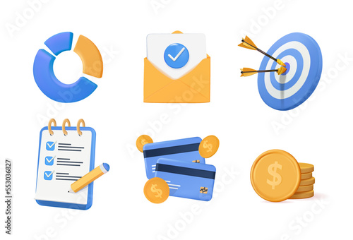 Set of Business Icons 3D Vector render illustration. Icon money, graph, infographic, Bundle of coin, checklist, target. Profit and finance analytics icon set, Return money, Cash back rebate. Financial