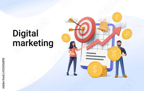 Digital marketing, manage finances 3D concept. People calculating analyzing personal corporate budget, managing financial income, consulting accountant. 3D render vector illustration website template
