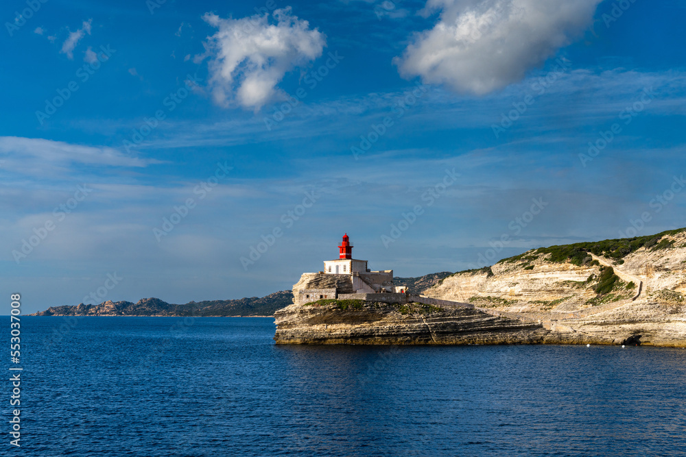view of the cliffs of Bonifacio and the Madonetta lighthouse at the harbor entrance