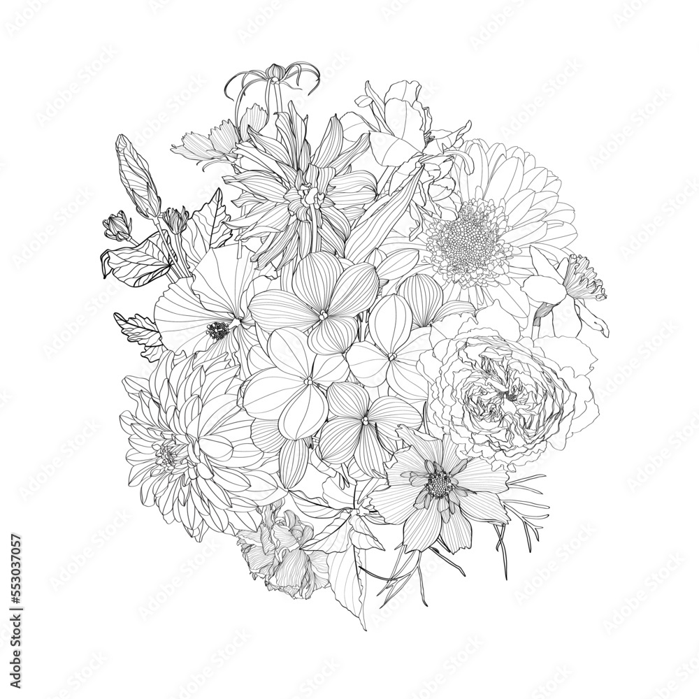 Floral bouquets with black and white line hand drawn herbs, garden and tropical flowers and insects in sketch style.
