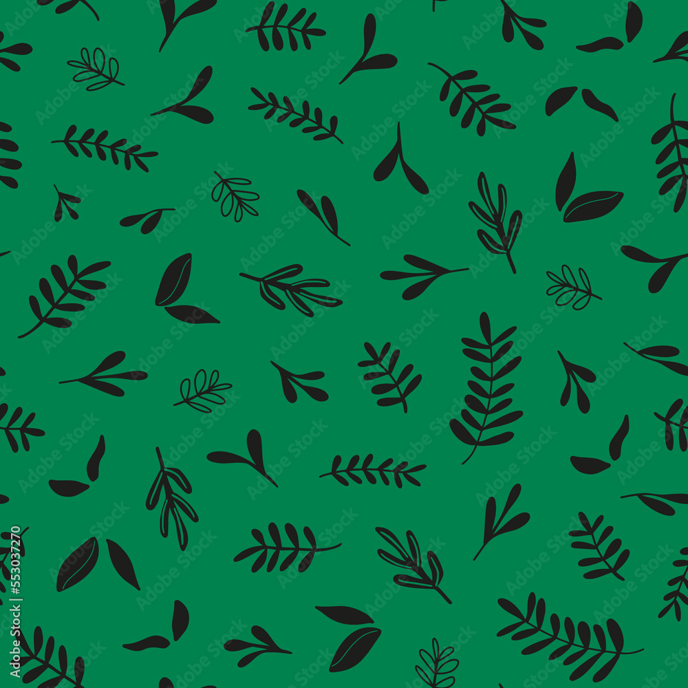 Fototapeta premium Botanical seamless repeat pattern. Random placed, vector leaves, herbs and branches all over surface print on green background.