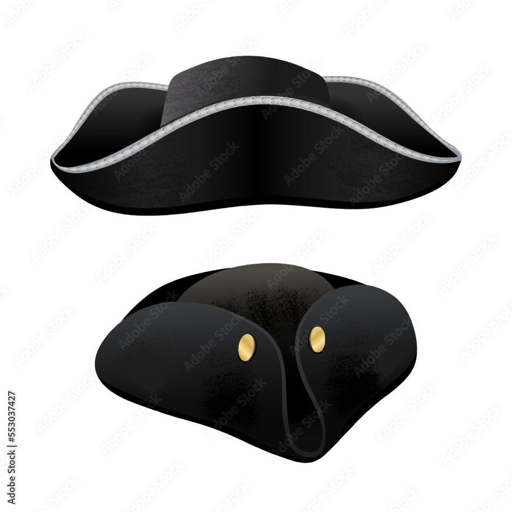 A set of historical cocked hats, elements of historical costumes worn by pirates, sailors, captains A set of historical cocked hats, elements of historical costumes worn by pirates, sailors, captains