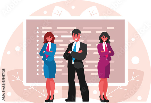 Business team. Standing confident women and man. Businessman and businesswomen crossing his arms over his chest. Display screen with program code. Vector graphics