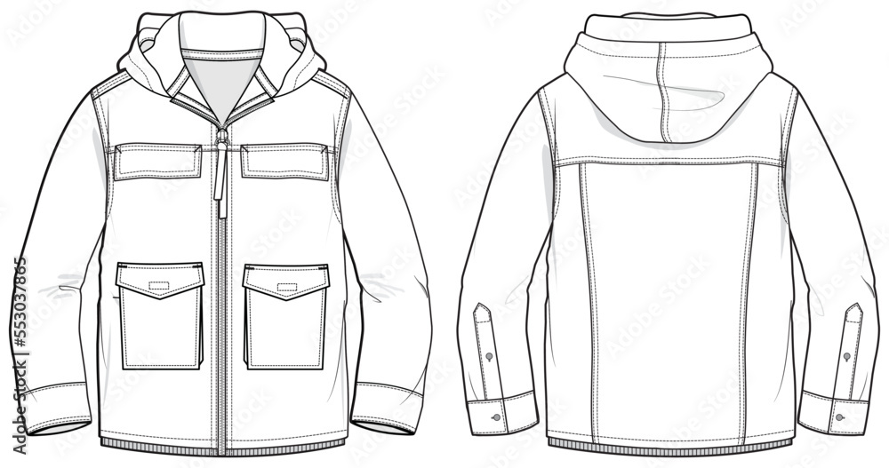 Military Hooded jacket design flat sketch Illustration, cargo pocket ...