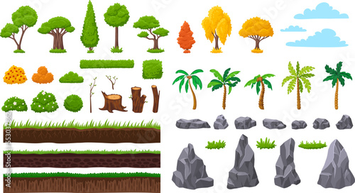 Nature forest landscape elements, stone rocks and tree, bushes and wood. Summer autumn spring garden natural graphic, vector mountains, grounds and plants