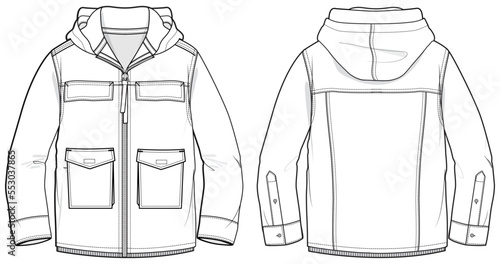 Fototapete Military Hooded jacket design flat sketch Illustration, cargo pocket Hoodei sweater jacket with front and back view, winter jacket for Men and women