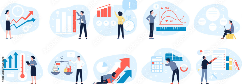 Fototapeta premium Benchmarking testing concept. Operational improvements, solutions and characteristics. Manager measure money, compare and indicate, recent vector scenes