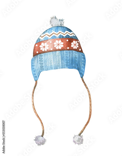 Winter children's hat on a white background. Watercolor drawing.