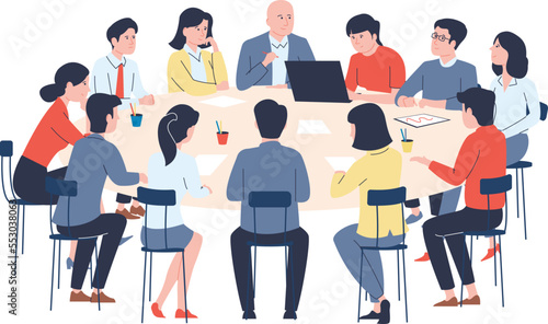 Business discussing at table. Company discussion, round desk congress conference. Student meetings, recent vector negotiations office scene