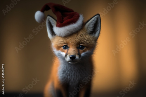 portrait of a little fox with santa hat  illustration generated by AI