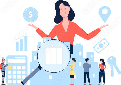 Real estate house valuation, property estimates. Mortgage buy new home, agent appraisal apartment. Professional rental service recent vector concept