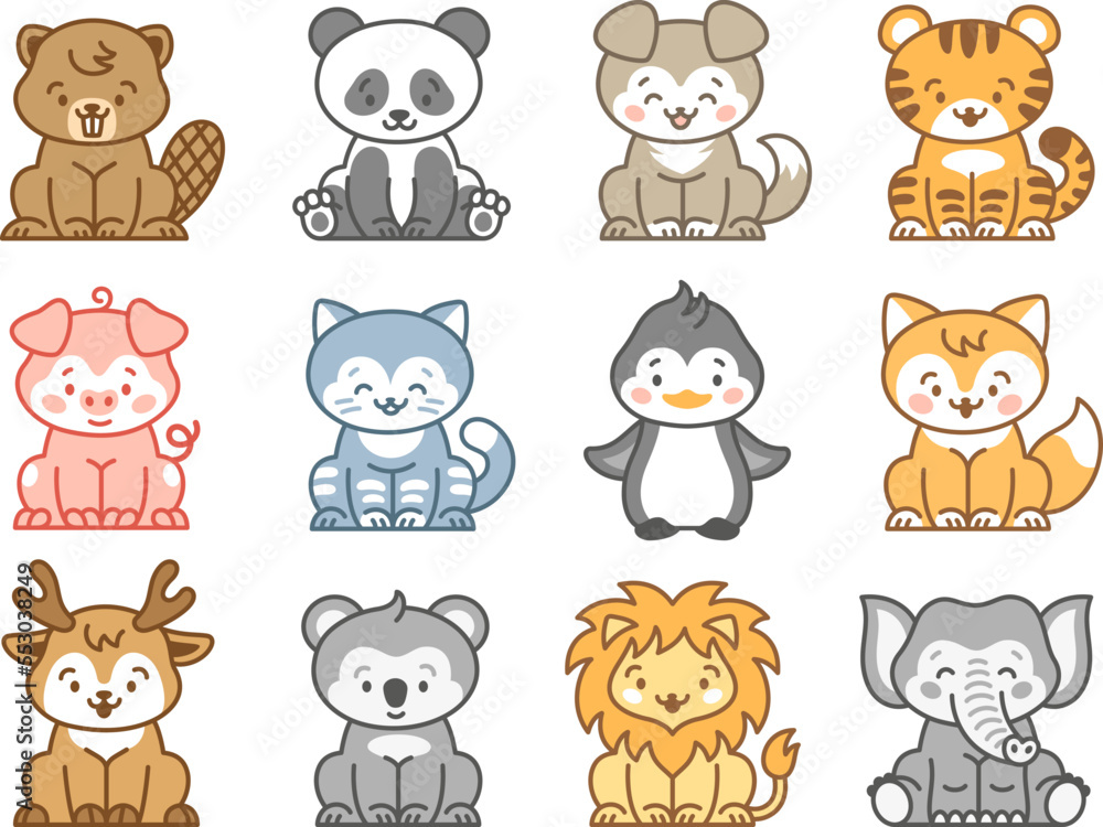 Kawaii zoo animals. Isolated lion, cartoon cat and puppy. Pastel emoticon cute wild animal. Baby mascot koala and penguin, tidy vector kit