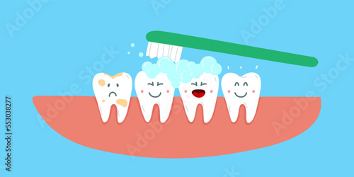 Cute tooth hygiene, cartoon dentistry. Teeth cleaning, kids stomatology hygiene concept. Clean white and dirty tooth, dental pain prevention classy vector scene