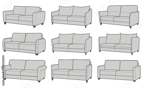 Sofas isolated on white background. Technical drawing
