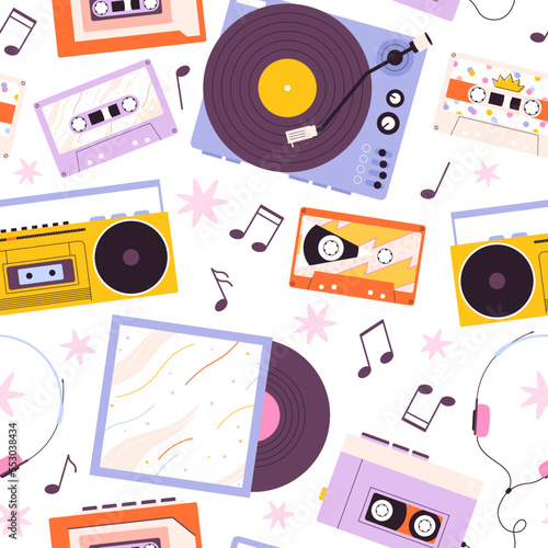 Retro music devices background. Audio cassette, vinyl and record 80s 90s style. Player and headphones, analogue disco sound. Racy vector seamless pattern