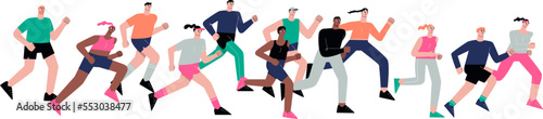 People running marathon. Runner race, isolated jogging international crowd. Creative run challenge, athletic lifestyle sapid vector characters