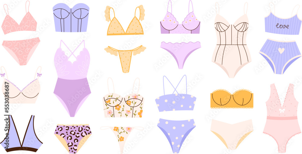 Women underwear accessories set. Girls thong panty and bra, lingerie or swimsuit. Underwear clothes, isolated sexy fashion bikini racy vector collection - obrazy, fototapety, plakaty 