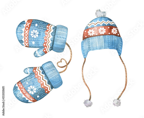 Objects on a white background. Winter set of gloves and hats. The picture is painted in watercolor.