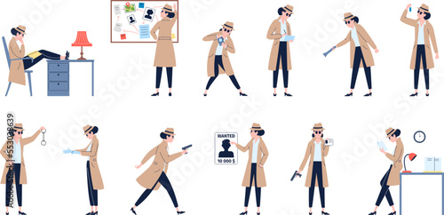 Female detective cartoon characters. Spy mysterious detectives, woman detecting crime, mystery investigation. Recent vector inspector at work set