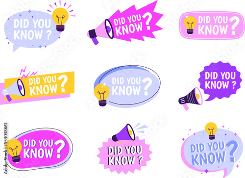 Balloon ask about facts, did you know labels. Marketing questions, knows information banners. Quiz or advertisement racy vector graphic stickers