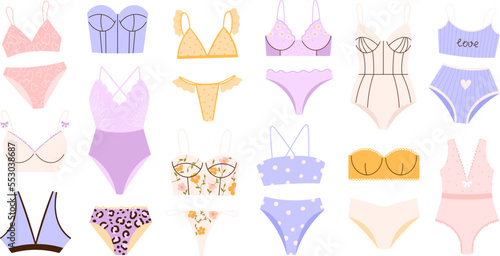 Women underwear accessories set. Girls thong panty and bra, lingerie or swimsuit. Underwear clothes, isolated sexy fashion bikini racy vector collection