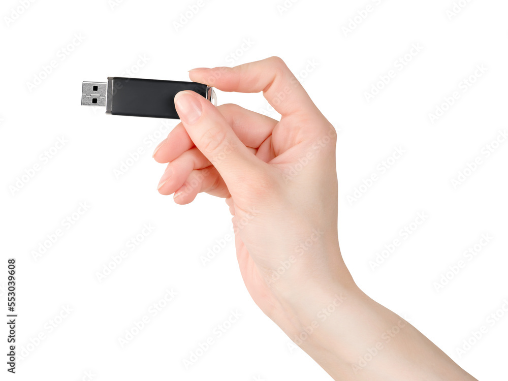 Woman hand holding flash card. Isolated png with transparency