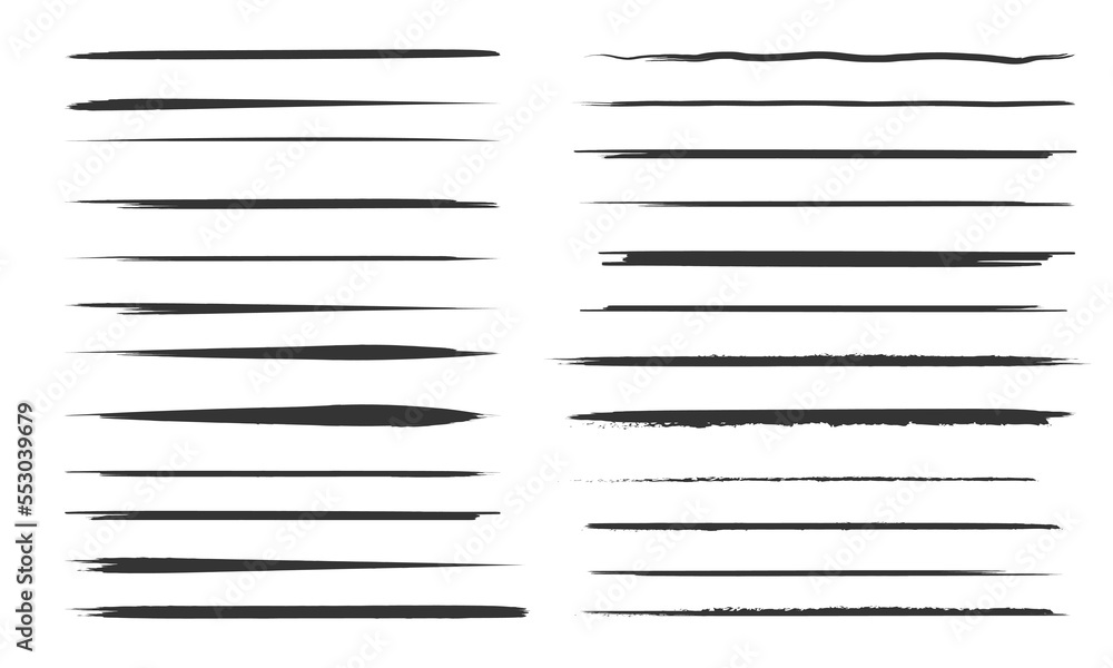 Set of artistic pen brushes.Doodles, ink brushes.Set of vector grunge brushes. Collection of strokes of markers. Set of wavy horizontal lines