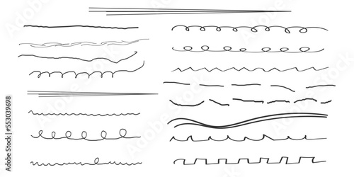 Set of artistic pen brushes.Doodles, ink brushes.Set of vector grunge brushes. Collection of strokes of markers. Set of wavy horizontal lines