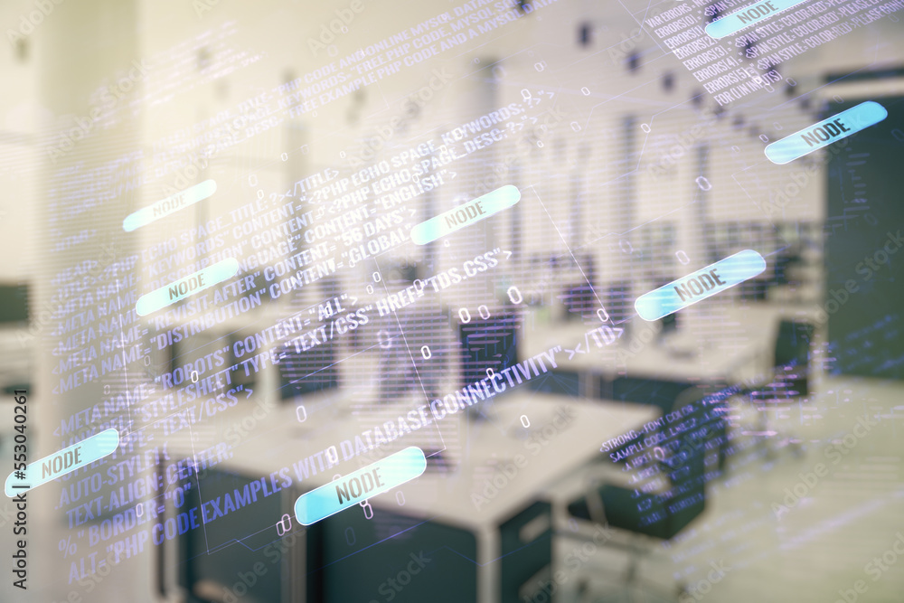Multi exposure of abstract programming language hologram and world map ...