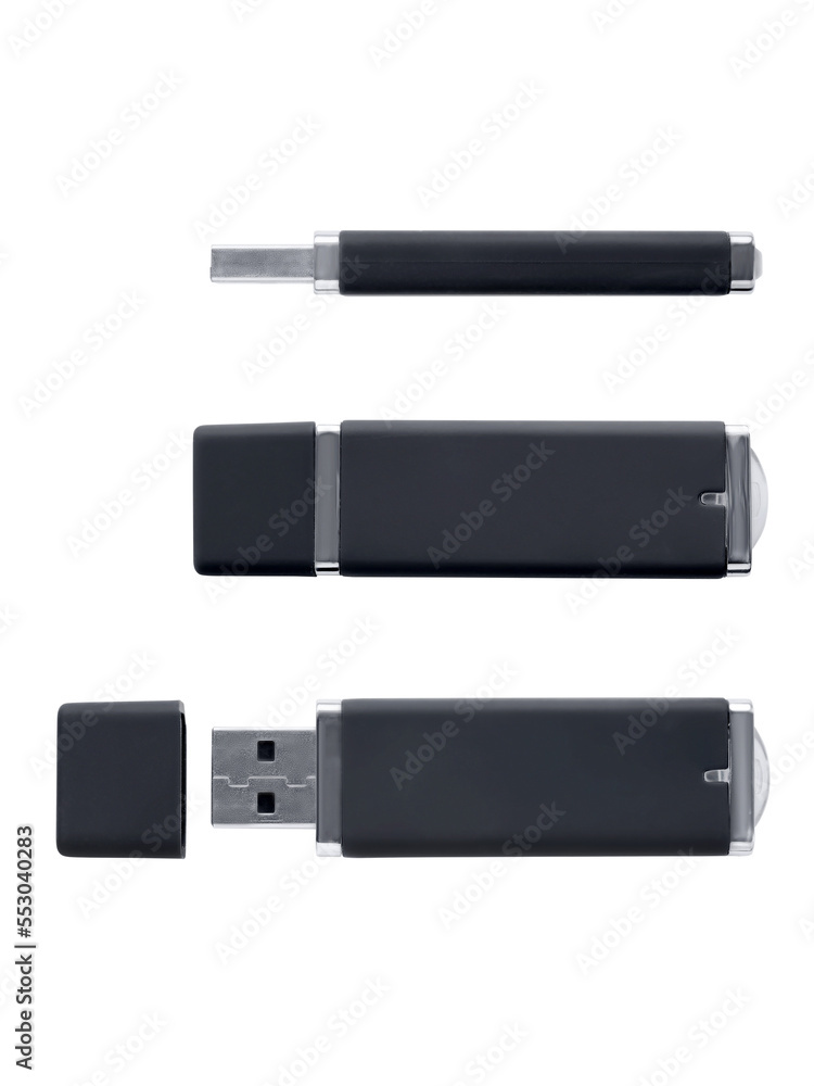 USB flash drive in three different positions isolated png with transparency