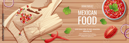 Horizontal banner with tamales and salsa sauce. Traditional Mexican food