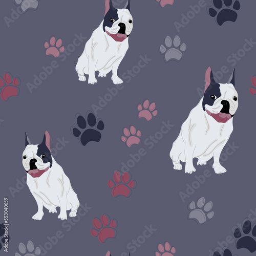 French bulldog seamless pattern. Animal print dog and paws. Packaging design, texture, fabric, bedding and wallpaper.