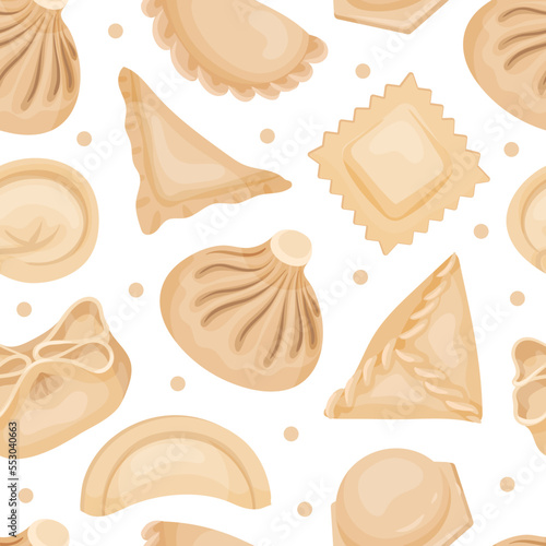 Cooked Traditional Chinese Dumplings or Dim Sum Seamless Pattern Design