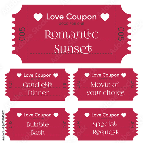 coupons for lovers. tickets for valentine's day. Set of love coupons with wishes and numbers	