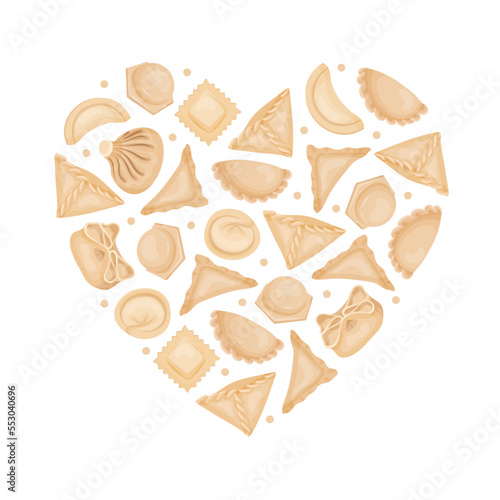 Cooked Traditional Chinese Dumplings or Dim Sum Heart Shaped Arrangement